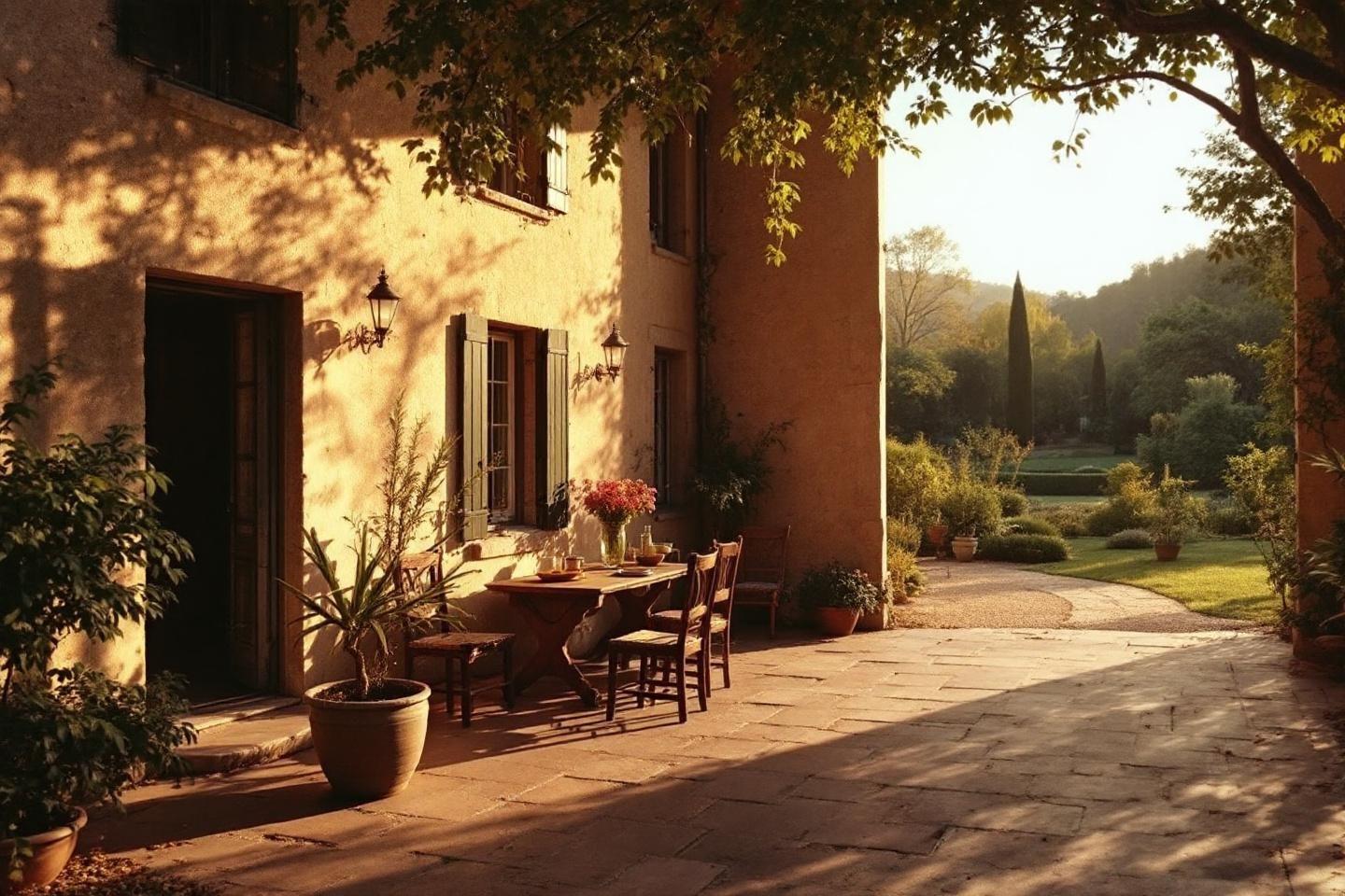 Maison de campagne avec table et jardin verdoyant