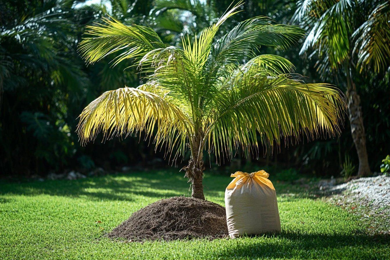 Palmier jeune sur pelouse avec sac de terre