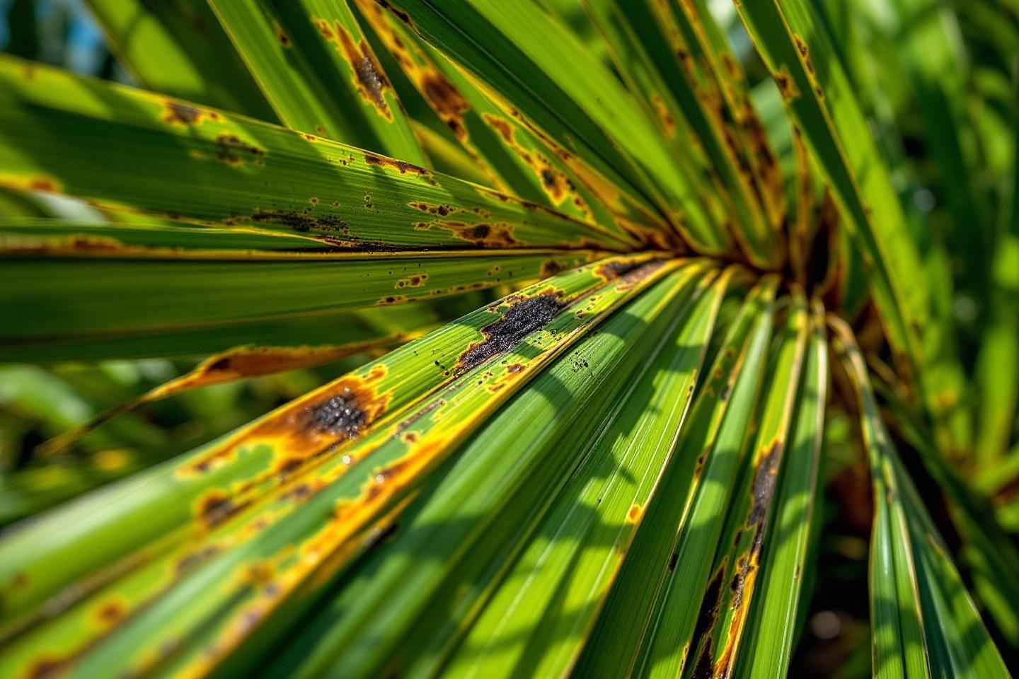 Feuilles vertes et jaunes de palmier avec des taches
