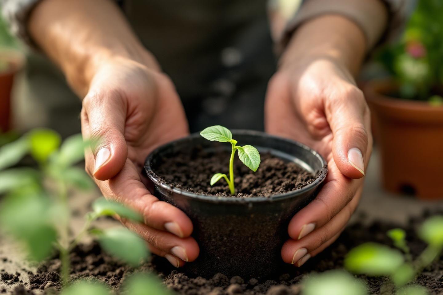 Mains tenant un jeune plant dans un pot de terre