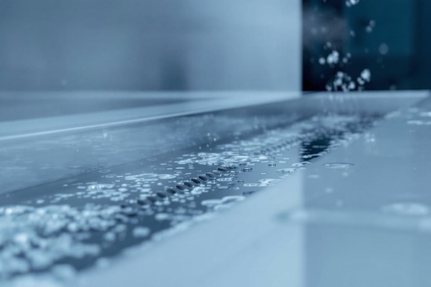 Gros plan de gouttes d'eau dispers&eacute;es sur une surface brillante