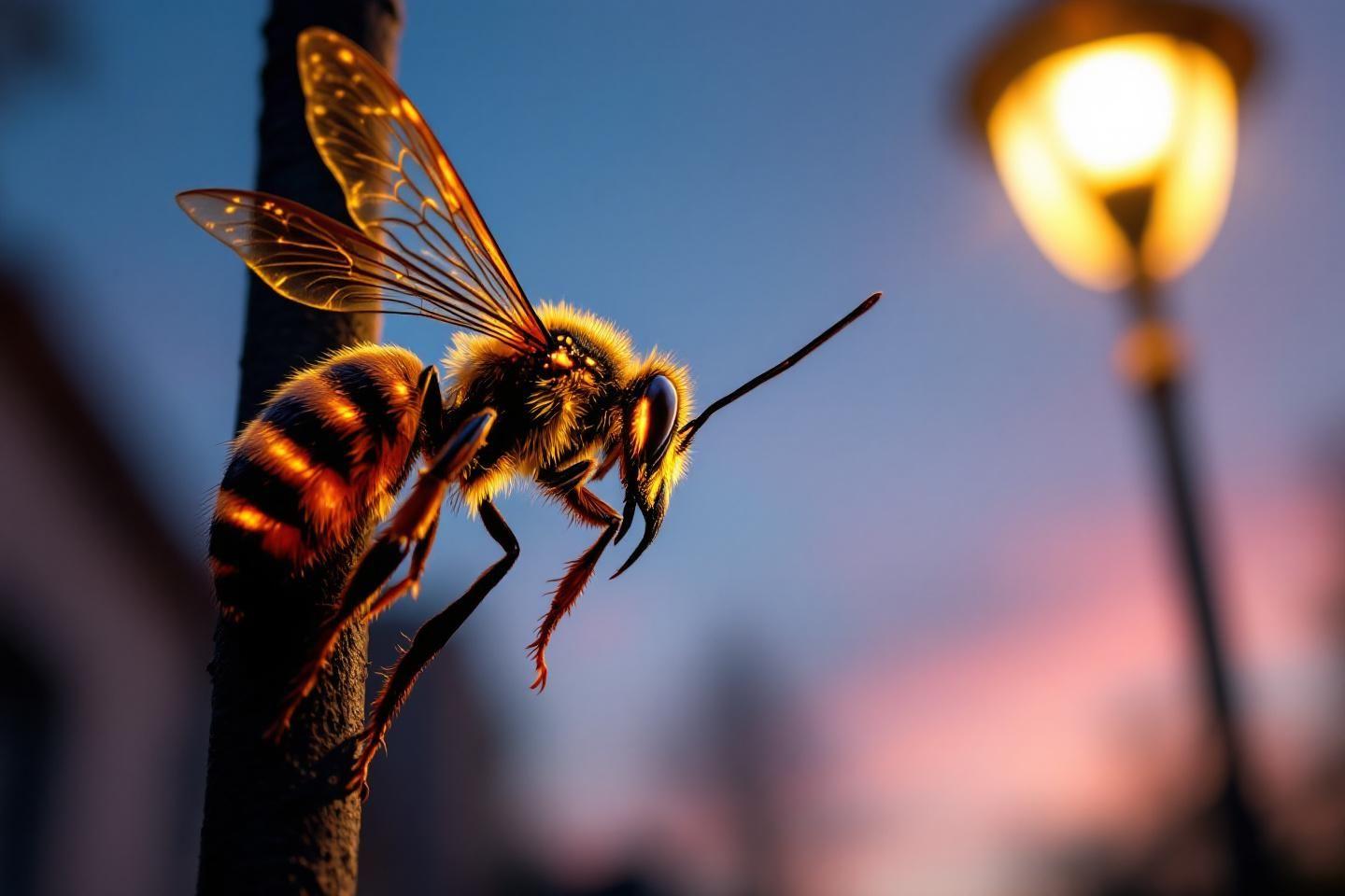 Abeille d&eacute;taill&eacute;e sur fond de lampadaire au coucher du soleil