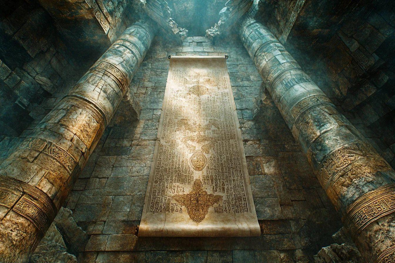 Parchemin ancien d&eacute;cor&eacute; dans un temple de pierre avec des colonnes