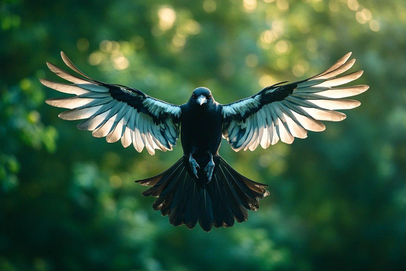 Oiseau noir en vol, ailes &eacute;cart&eacute;es, fond vert flou