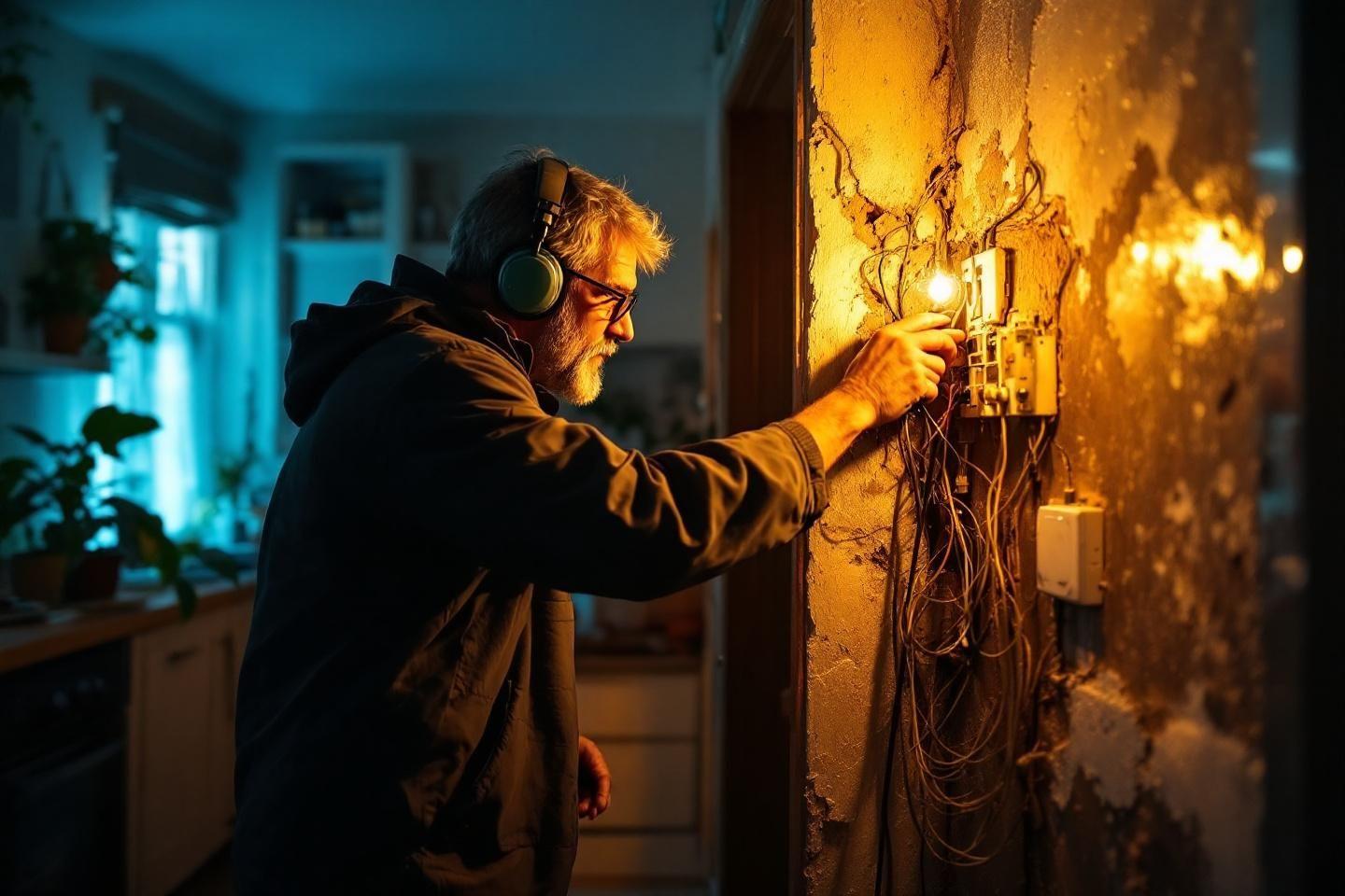 Homme &agrave; lunettes travaillant sur un tableau &eacute;lectrique dans une pi&egrave;ce sombre