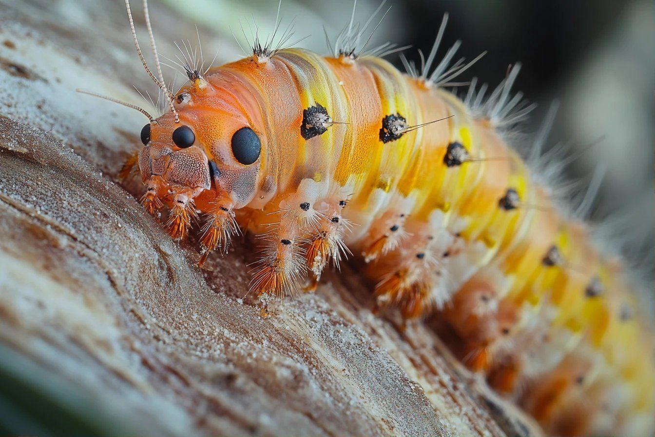 Gros plan macro d'une chenille velue aux couleurs vives