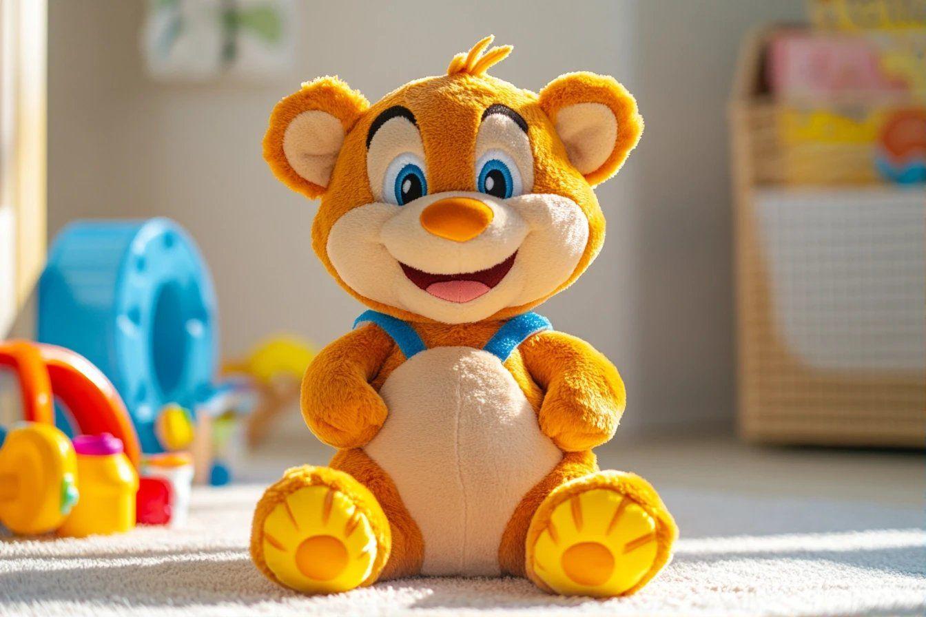 Peluche jaune et orange avec un grand sourire