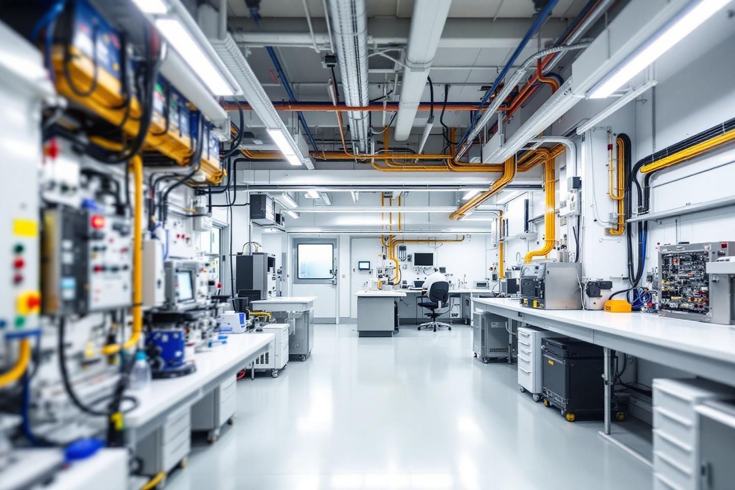 Intérieur de laboratoire blanc avec équipements électroniques et tuyauteries