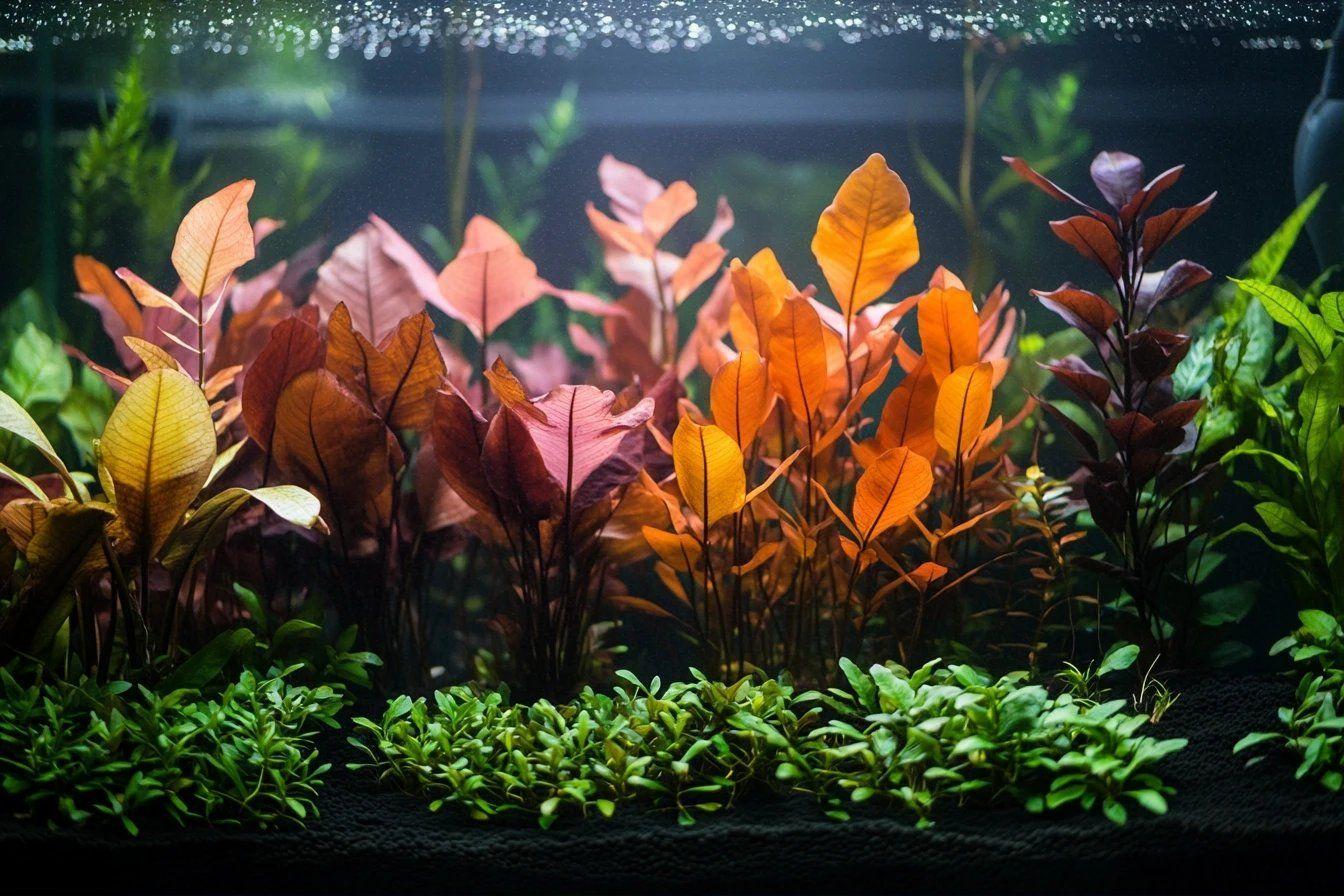 Plantes aquatiques aux couleurs orange et rouge dans un aquarium