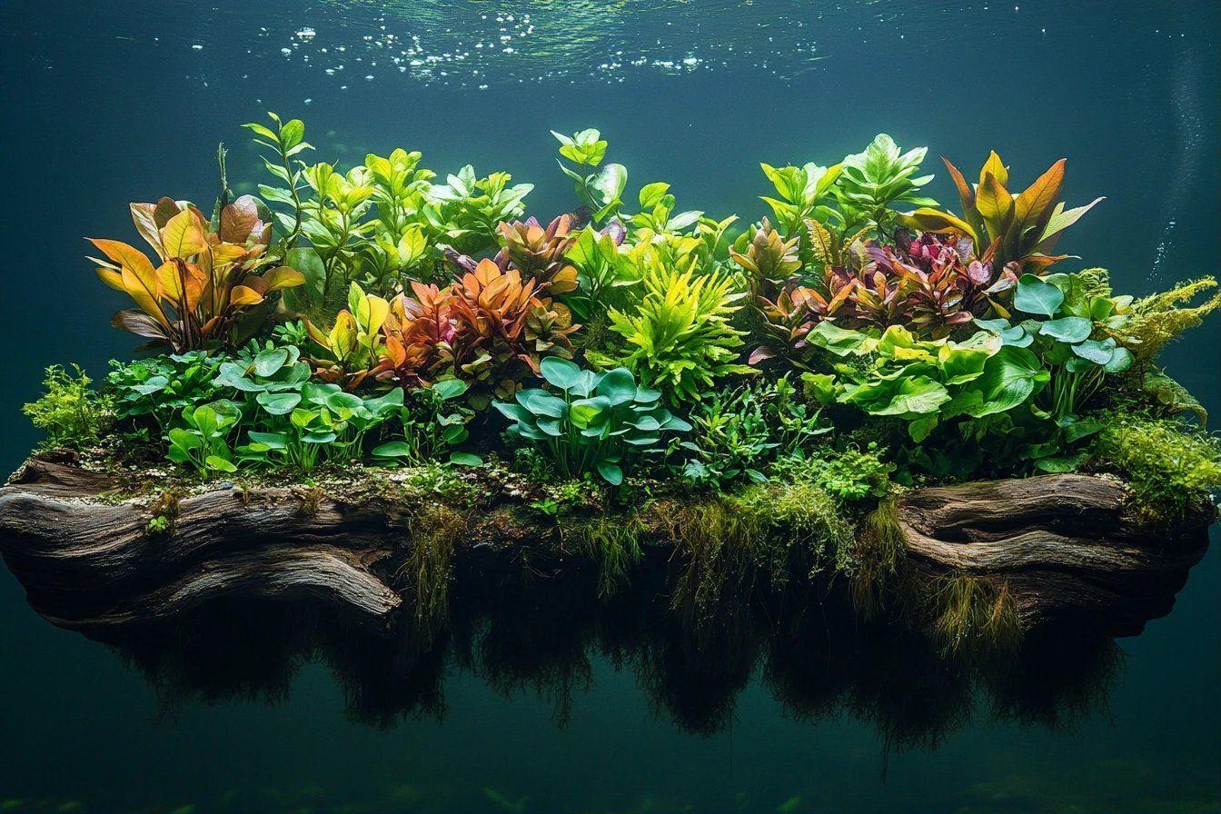 Composition v&eacute;g&eacute;tale aquatique avec bois et plantes multicolores