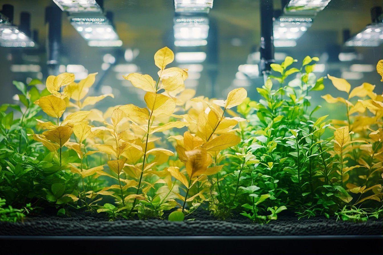 Aquarium avec plantes vertes et jaunes sous &eacute;clairage intense
