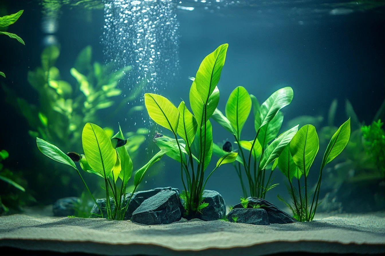 Plantes aquatiques vertes pr&egrave;s de roches avec bulles d'air