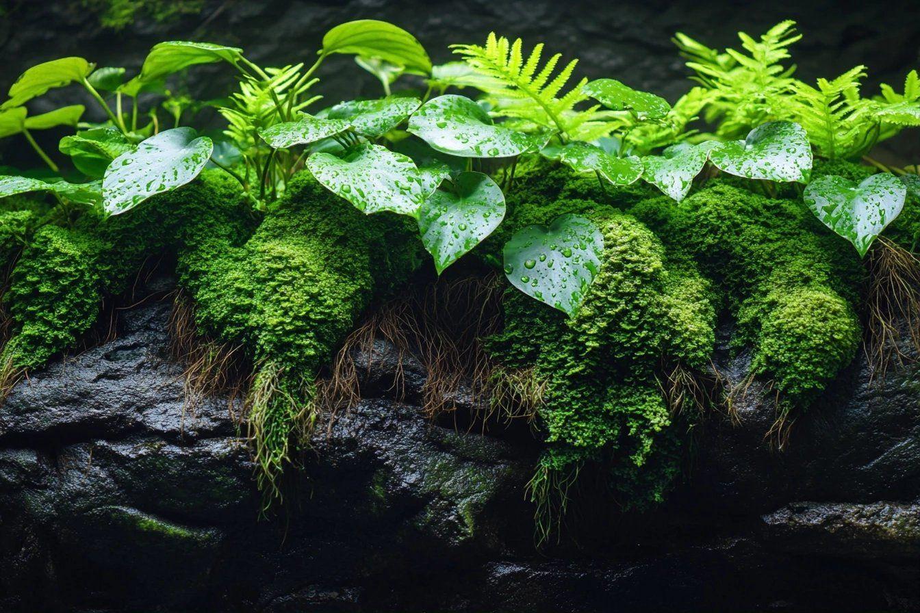 Rochers couverts de mousse verte avec feuilles humides