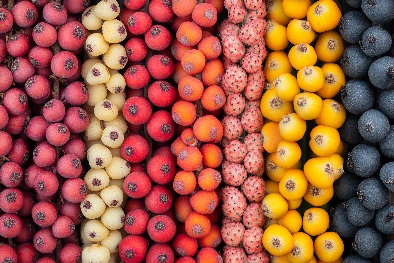 Rang&eacute;es verticales de fruits aux couleurs vives et vari&eacute;es