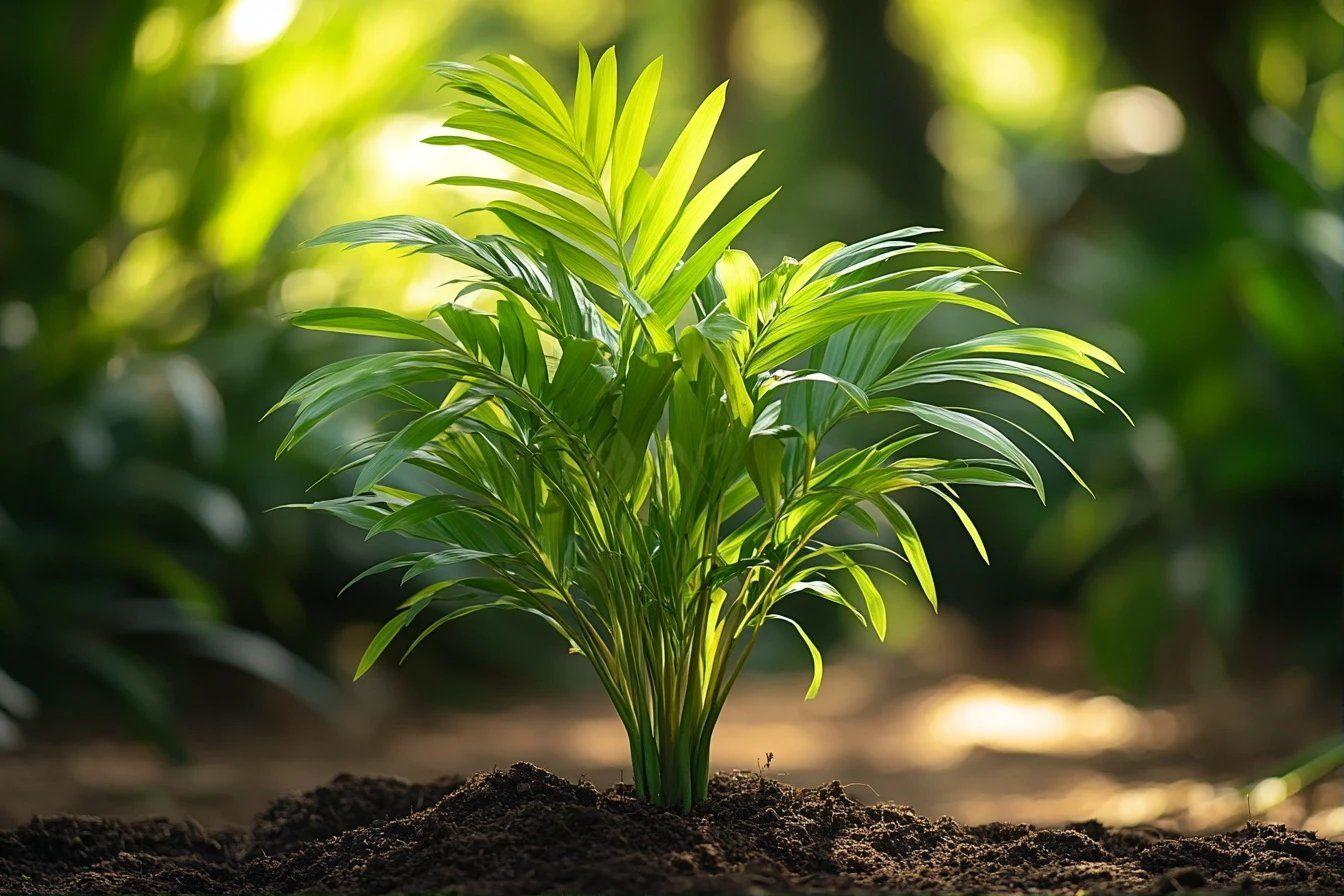 Pousse verdoyante &eacute;mergeant du sol, lumi&egrave;re douce en arri&egrave;re-plan