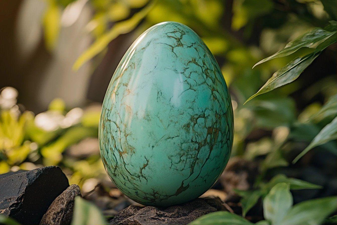Gros plan d'un &oelig;uf turquoise vein&eacute; sur des pierres