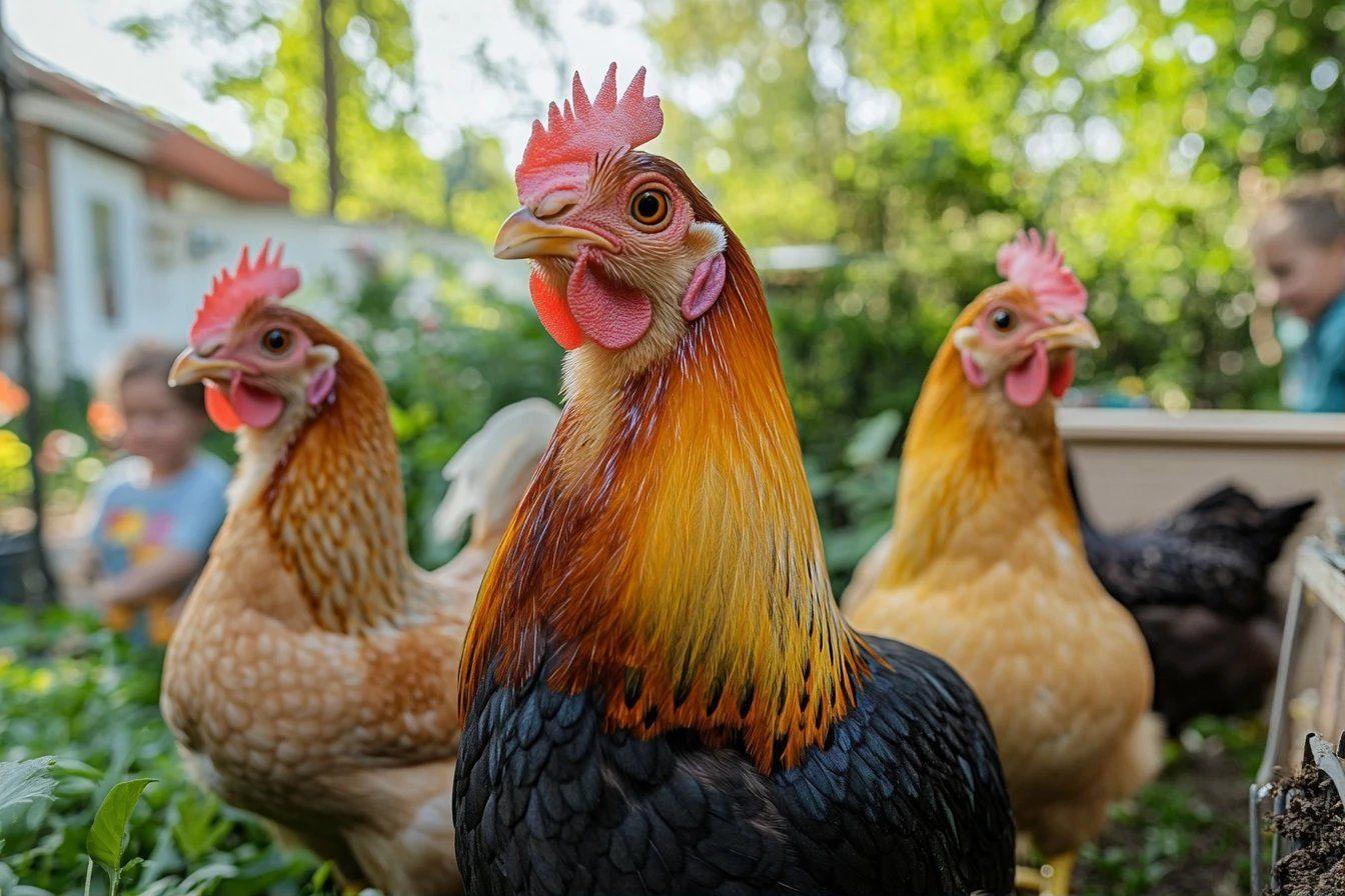 Poules aux plumages orang&eacute;s et noirs dans un environnement verdoyant