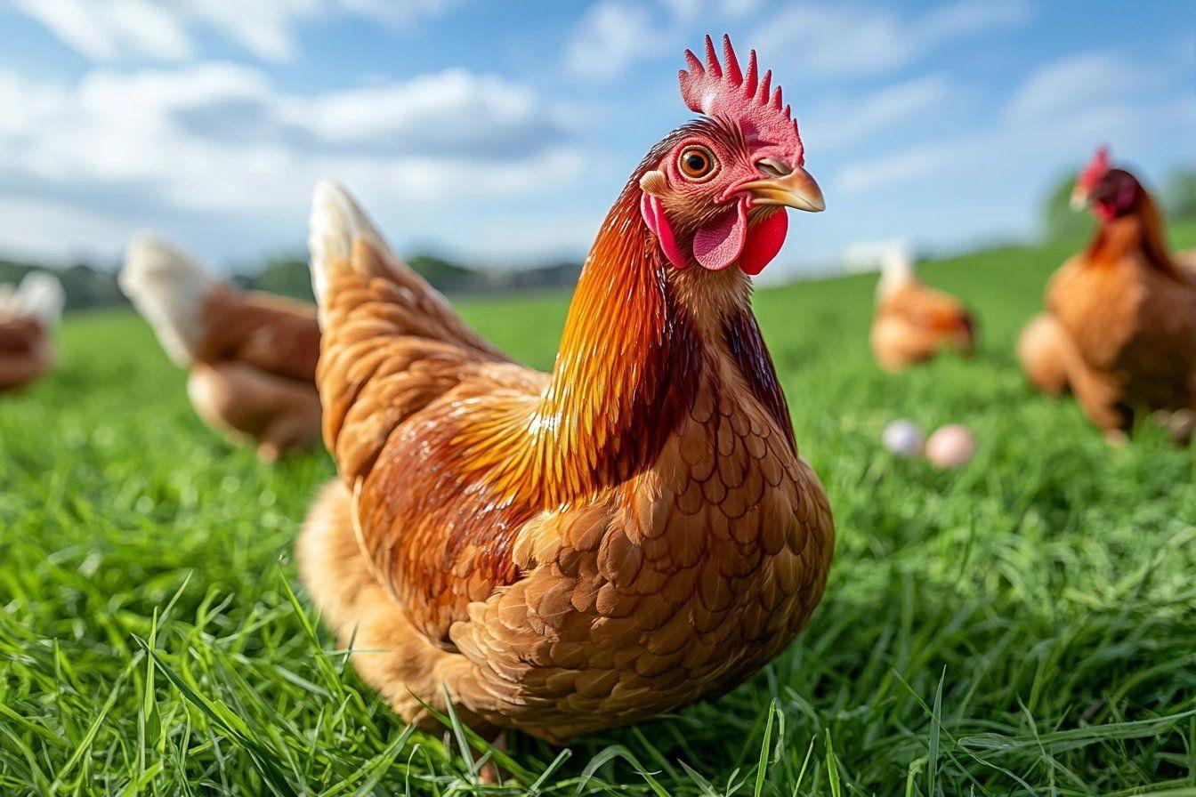 Poule aux plumes orang&eacute;es sur une prairie verte ensoleill&eacute;e