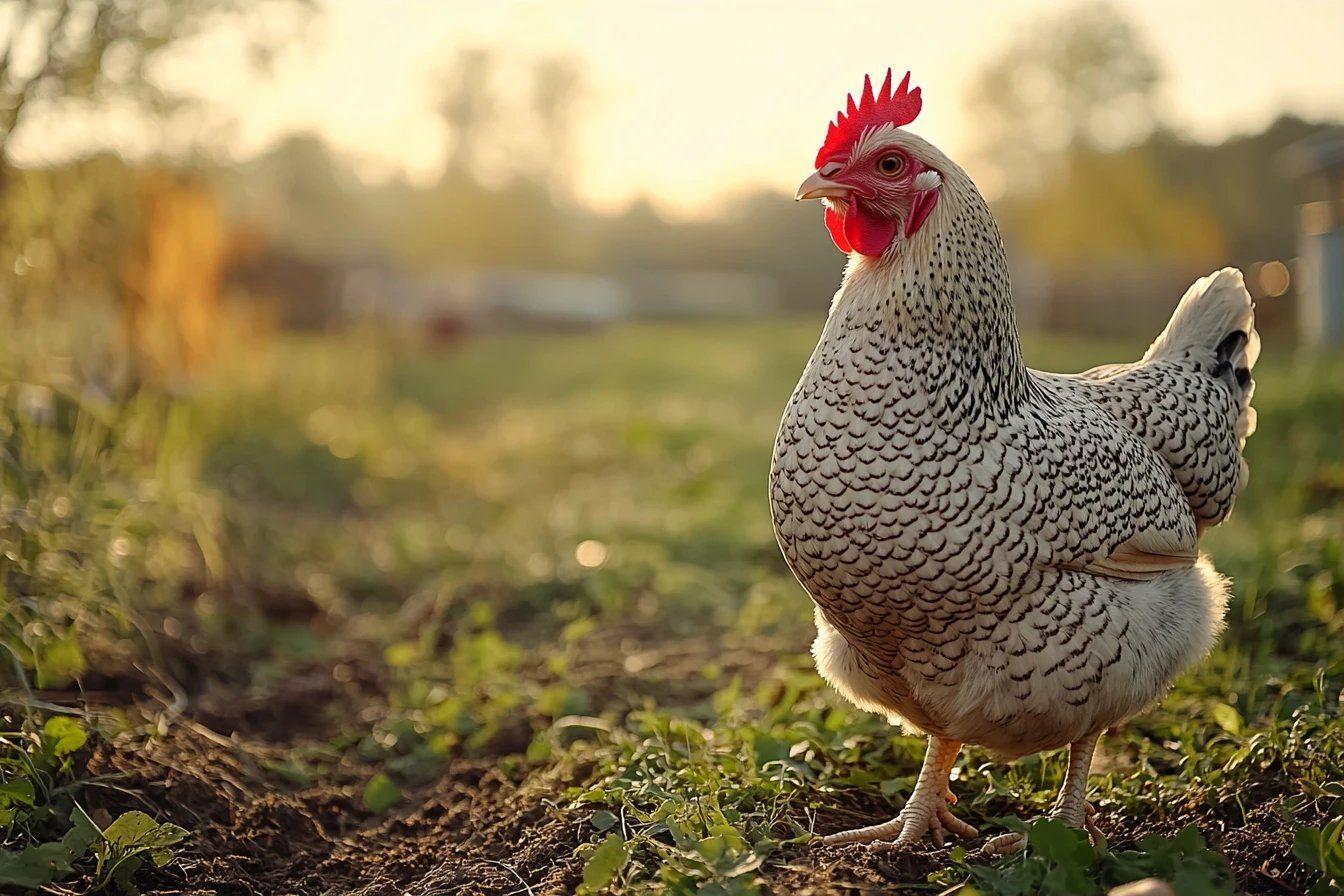 Poule blanche et noire avec cr&ecirc;te rouge dans un pr&eacute;