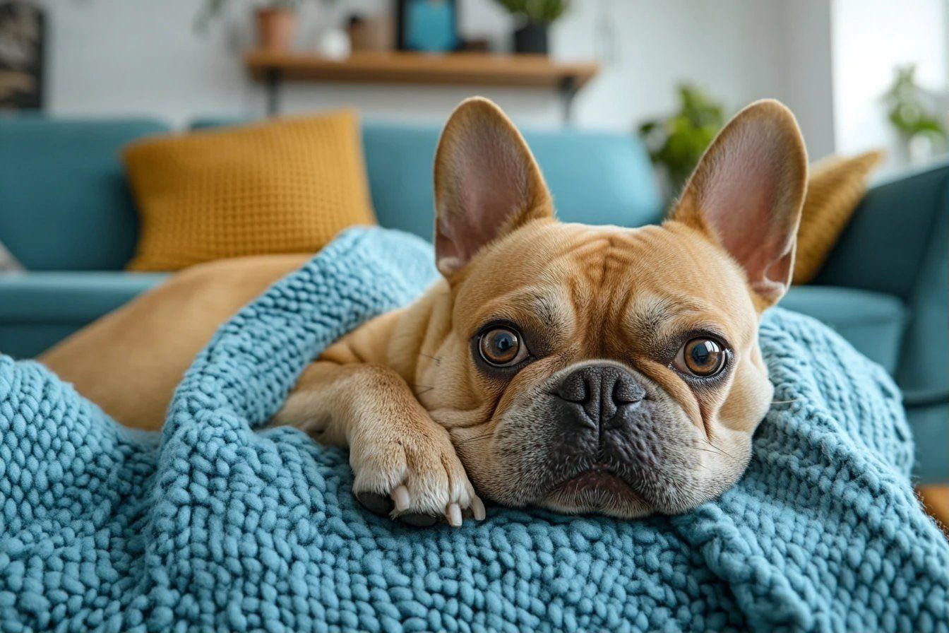 Chien mignon couch&eacute; sur un plaid bleu