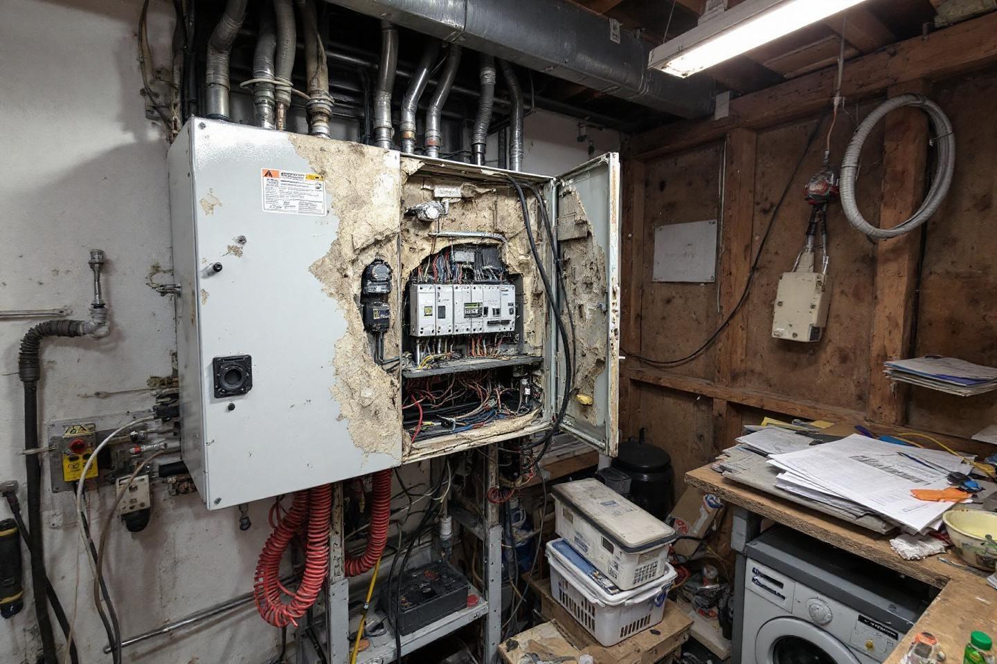 Tableau &eacute;lectrique endommag&eacute; avec fils et composants expos&eacute;s