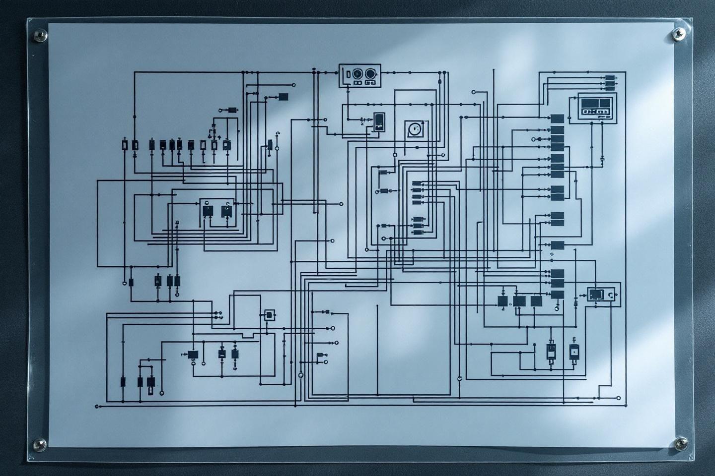Diagramme technique avec lignes et composants &eacute;lectroniques interconnect&eacute;s
