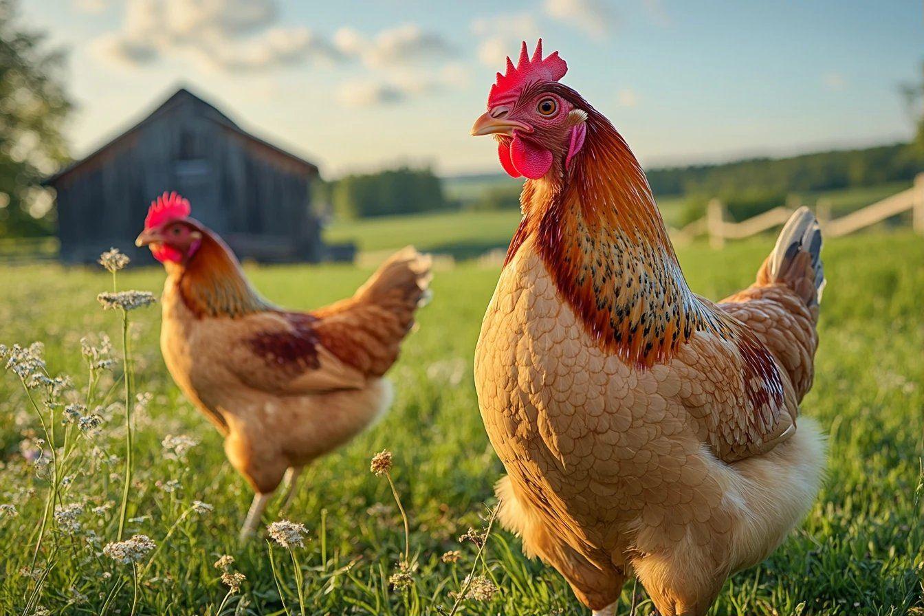 Deux poules color&eacute;es dans un champ herbeux avec une grange