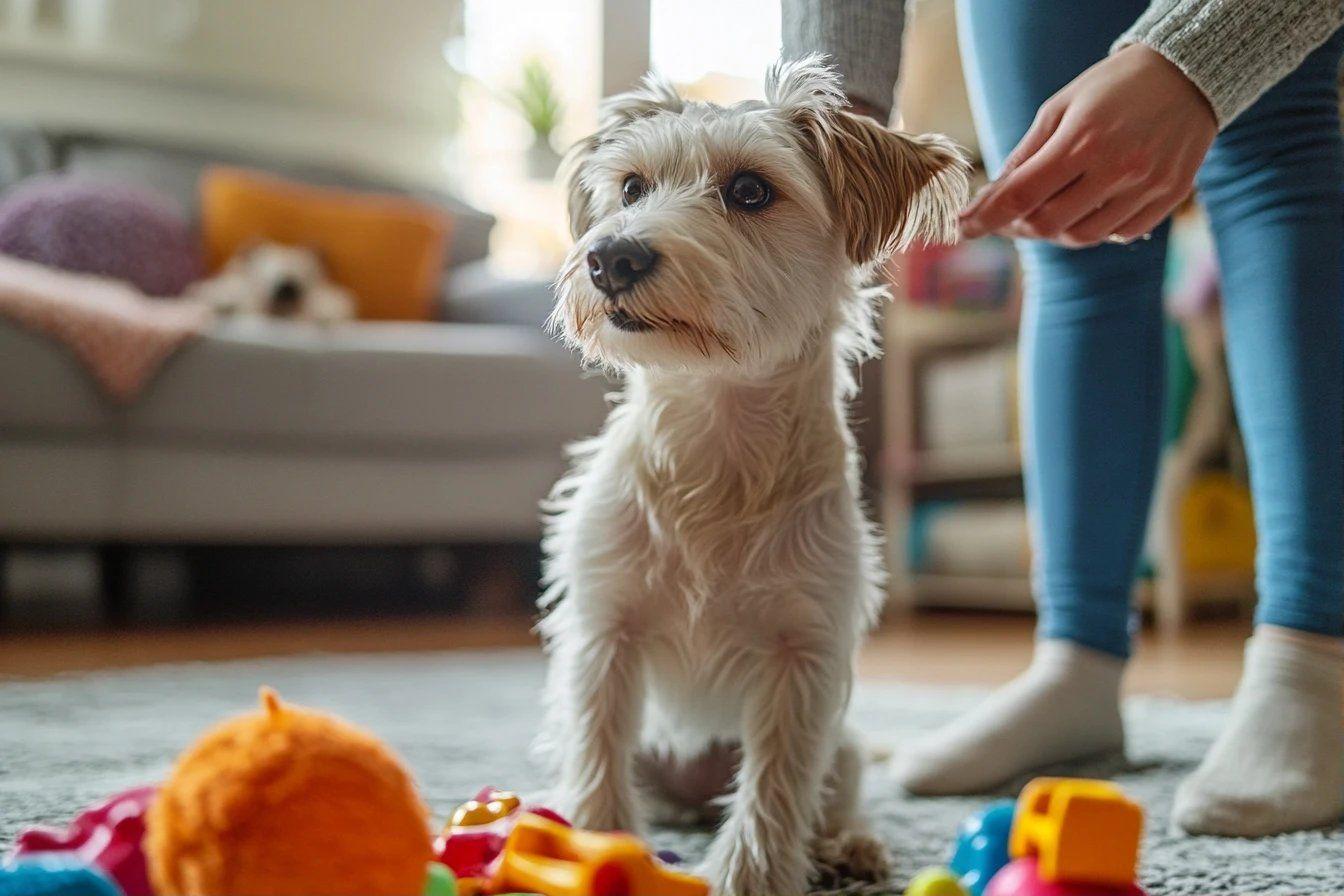 Petit chien blanc et brun entouré de jouets colorés