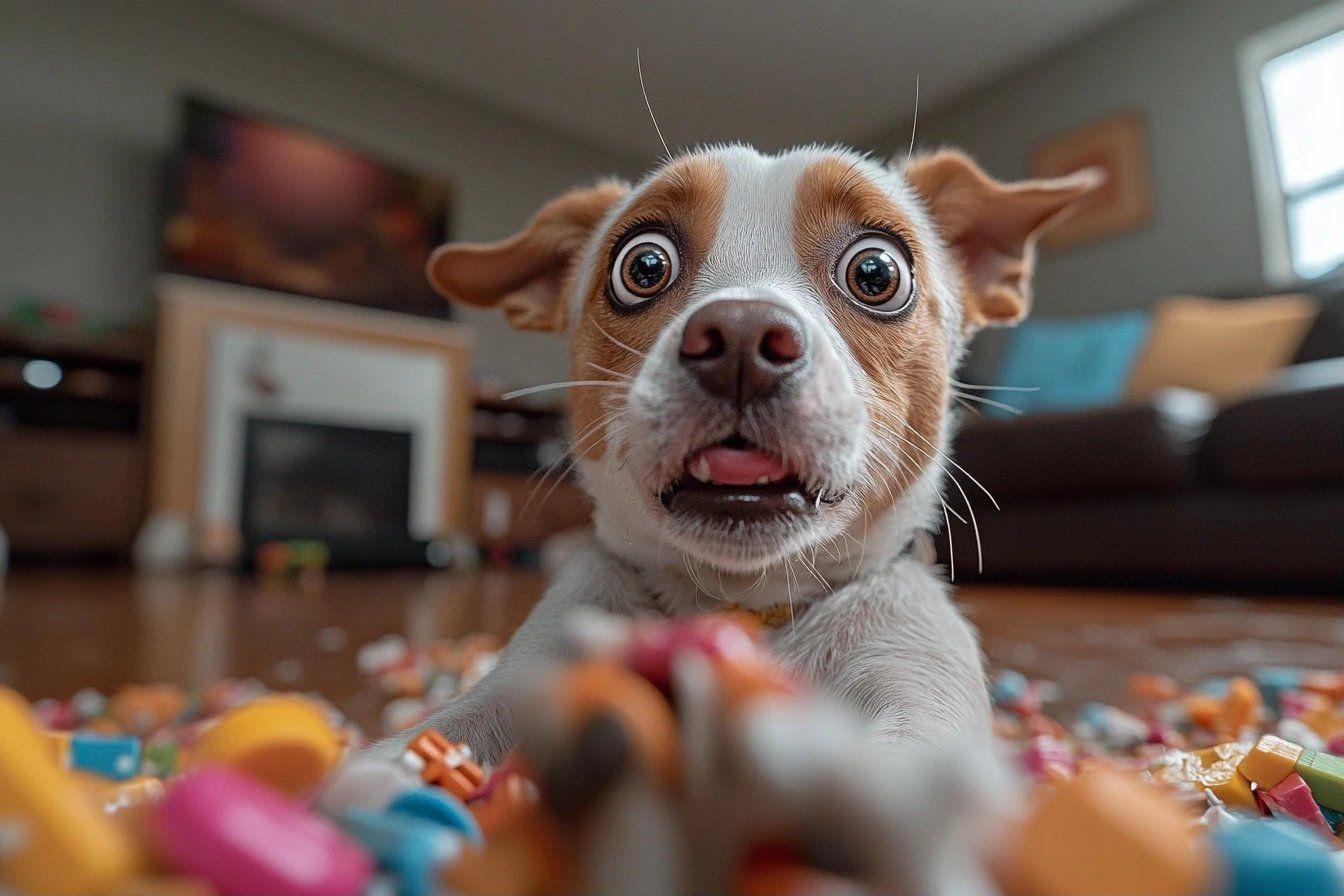 Chien aux yeux écarquillés parmi des bonbons colorés éparpillés
