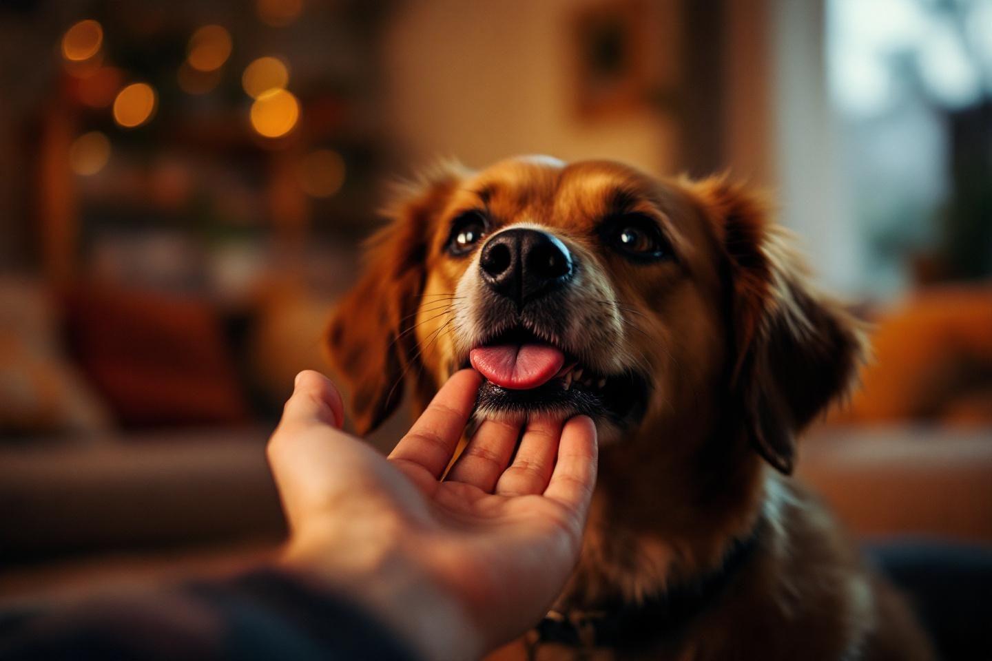 Chien souriant, langue sortie, main caressant sa joue