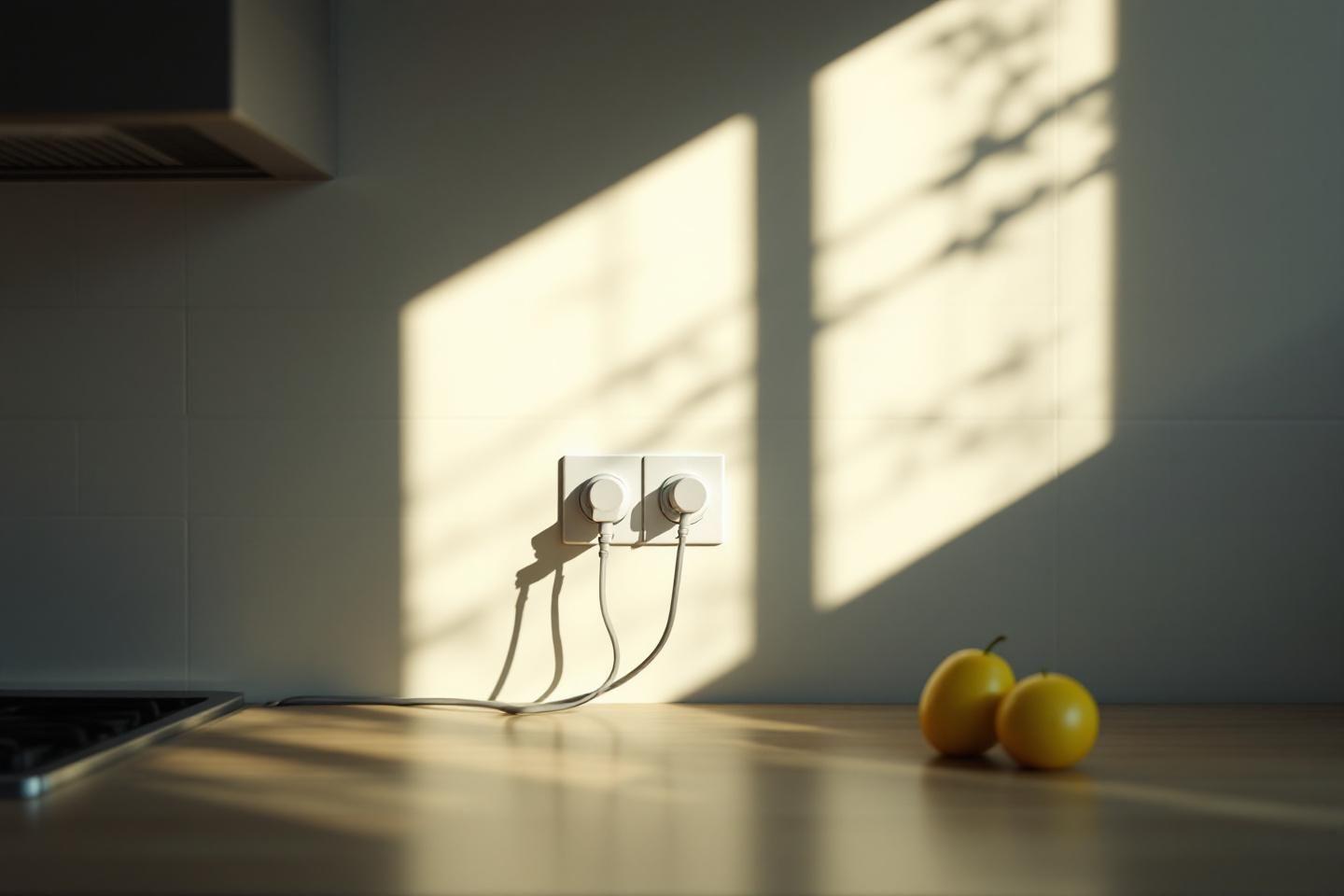 Deux prises murales blanches avec c&acirc;bles et deux citrons