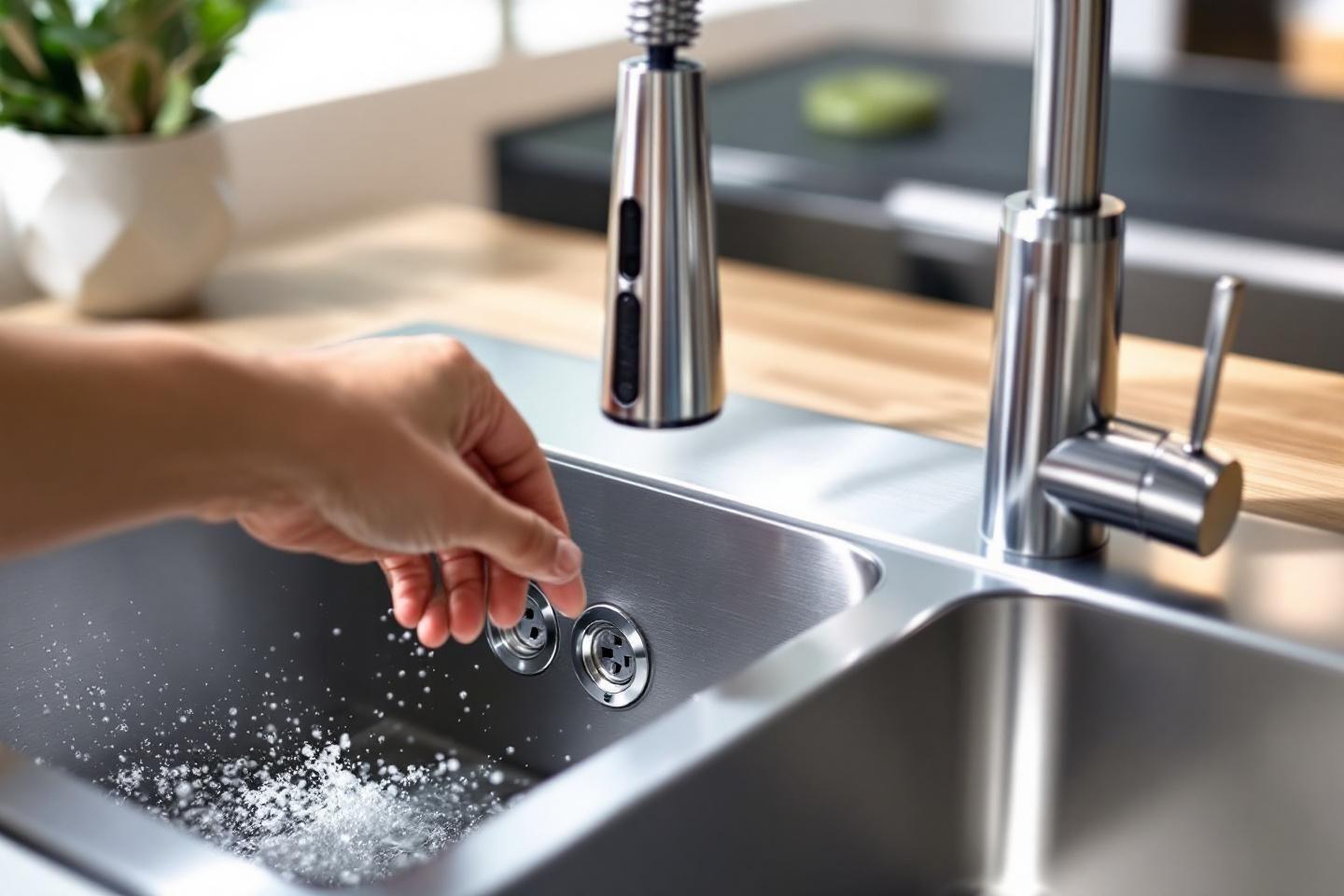 Main actionnant les boutons d'un &eacute;vier en inox