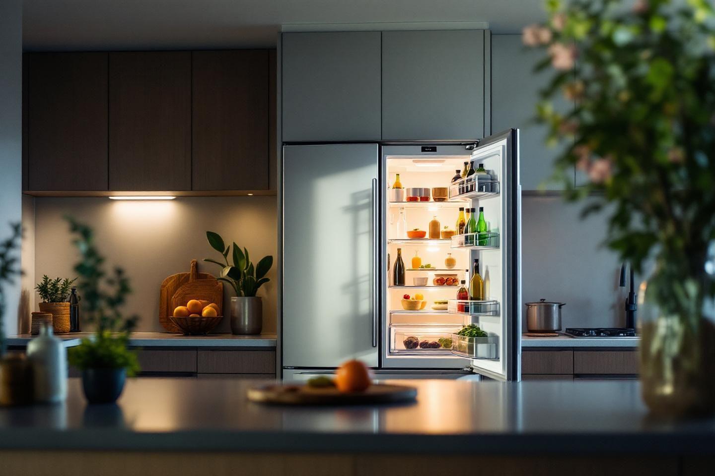 Int&eacute;rieur lumineux d'un r&eacute;frig&eacute;rateur dans une cuisine &eacute;l&eacute;gante