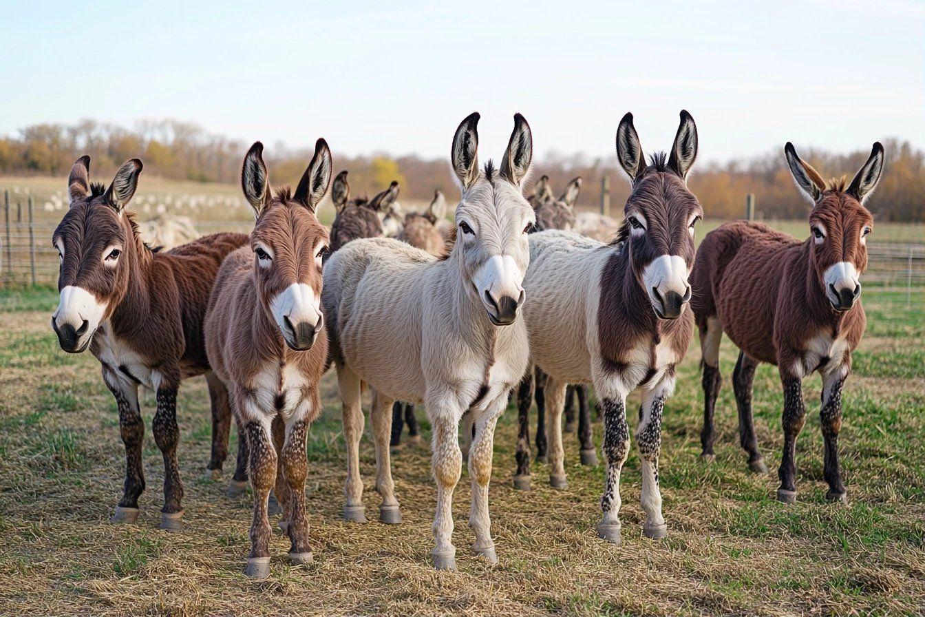 &Acirc;nes de diff&eacute;rentes couleurs dans un champ herbeux