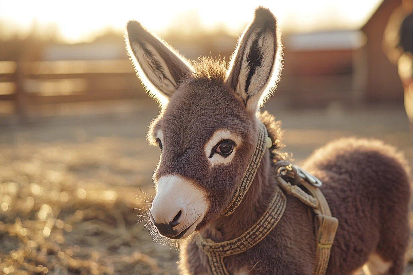 Gros plan d'un &acirc;ne brun portant un harnais