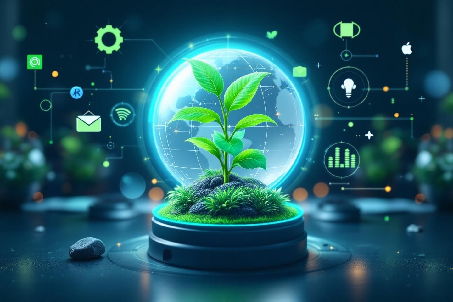 Plante num&eacute;rique dans un globe technologique avec des ic&ocirc;nes