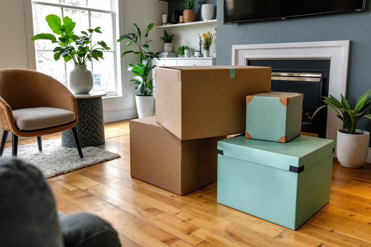 Cartons bruns et bleus empil&eacute;s pr&egrave;s d'une fen&ecirc;tre avec plantes vertes