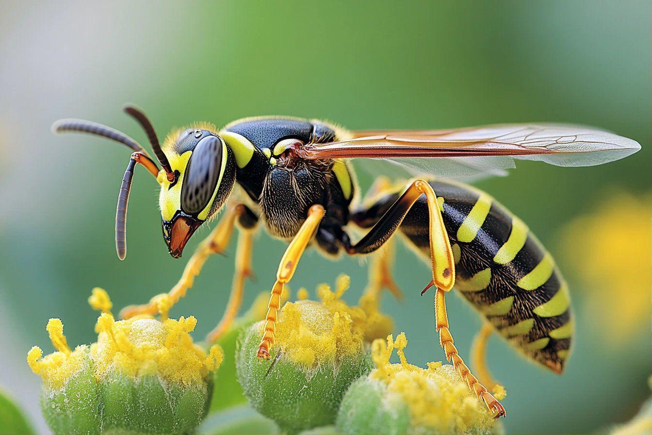 Gros plan sur une gu&ecirc;pe ray&eacute;e butinant des fleurs