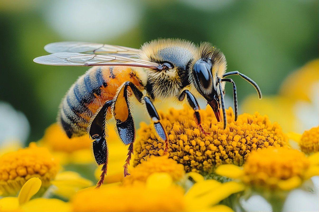 Gros plan sur une abeille collectant du pollen sur une fleur