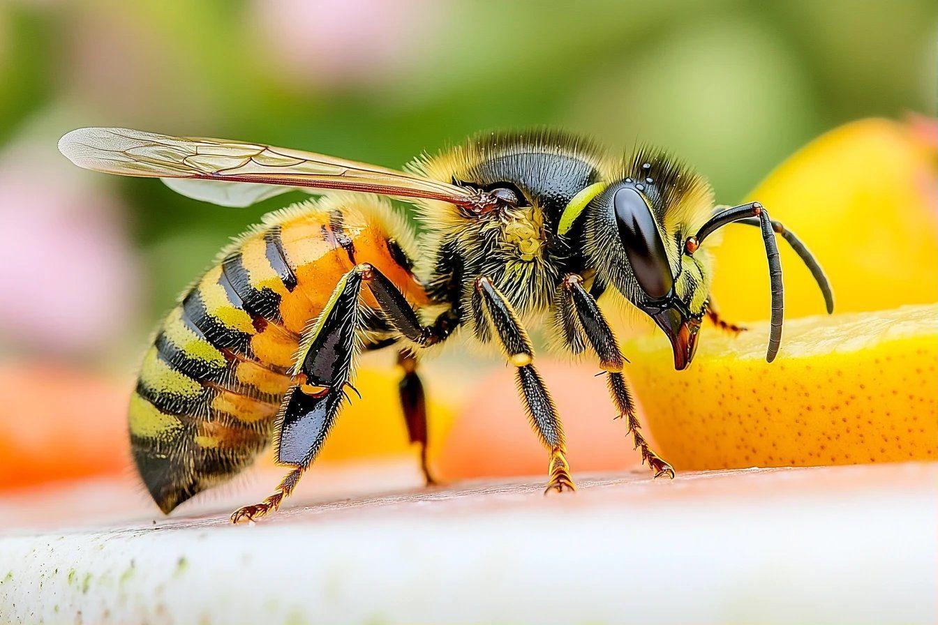 Gros plan macro d'une abeille sur un fruit jaune