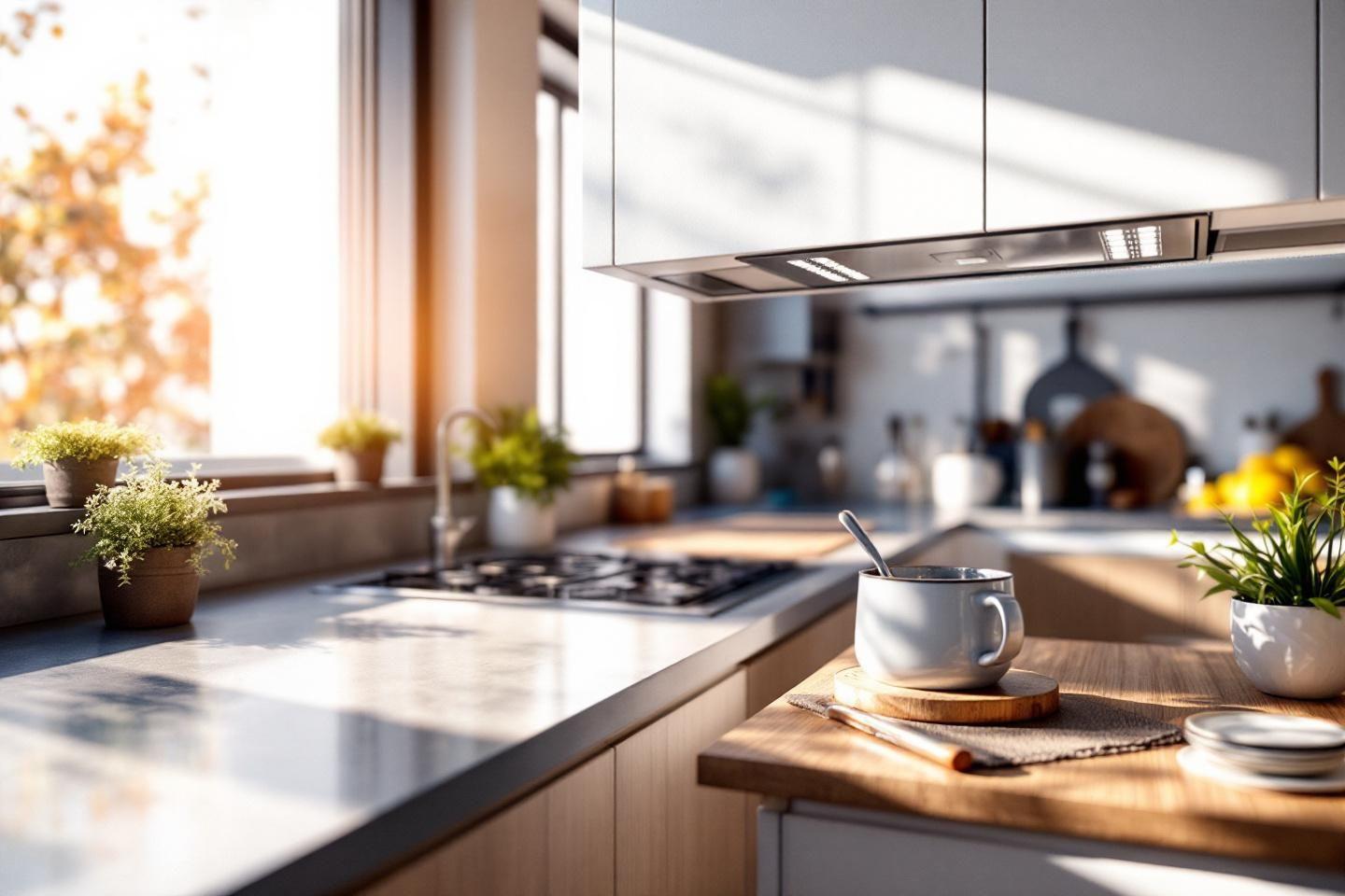 Int&eacute;rieur de cuisine moderne avec tasse et plantes