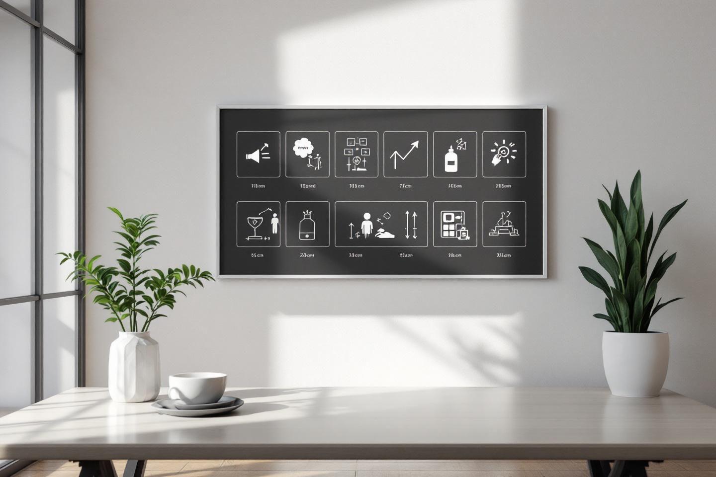 Tableau noir avec des pictogrammes repr&eacute;sentant des t&acirc;ches professionnelles