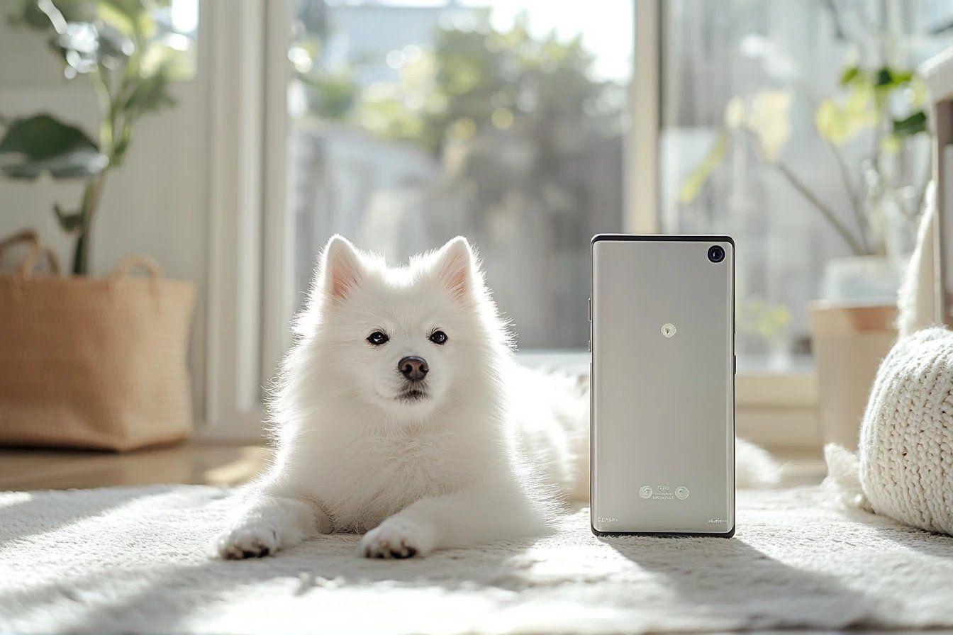 Chiot blanc moelleux posé près d'un téléphone gris