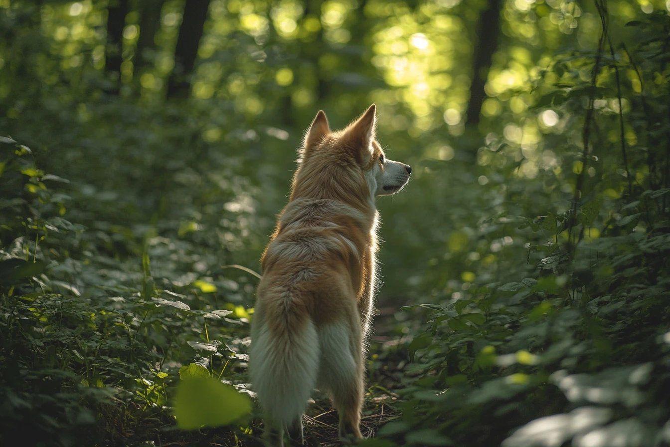 Chien roux observant la nature dans un sous-bois verdoyant