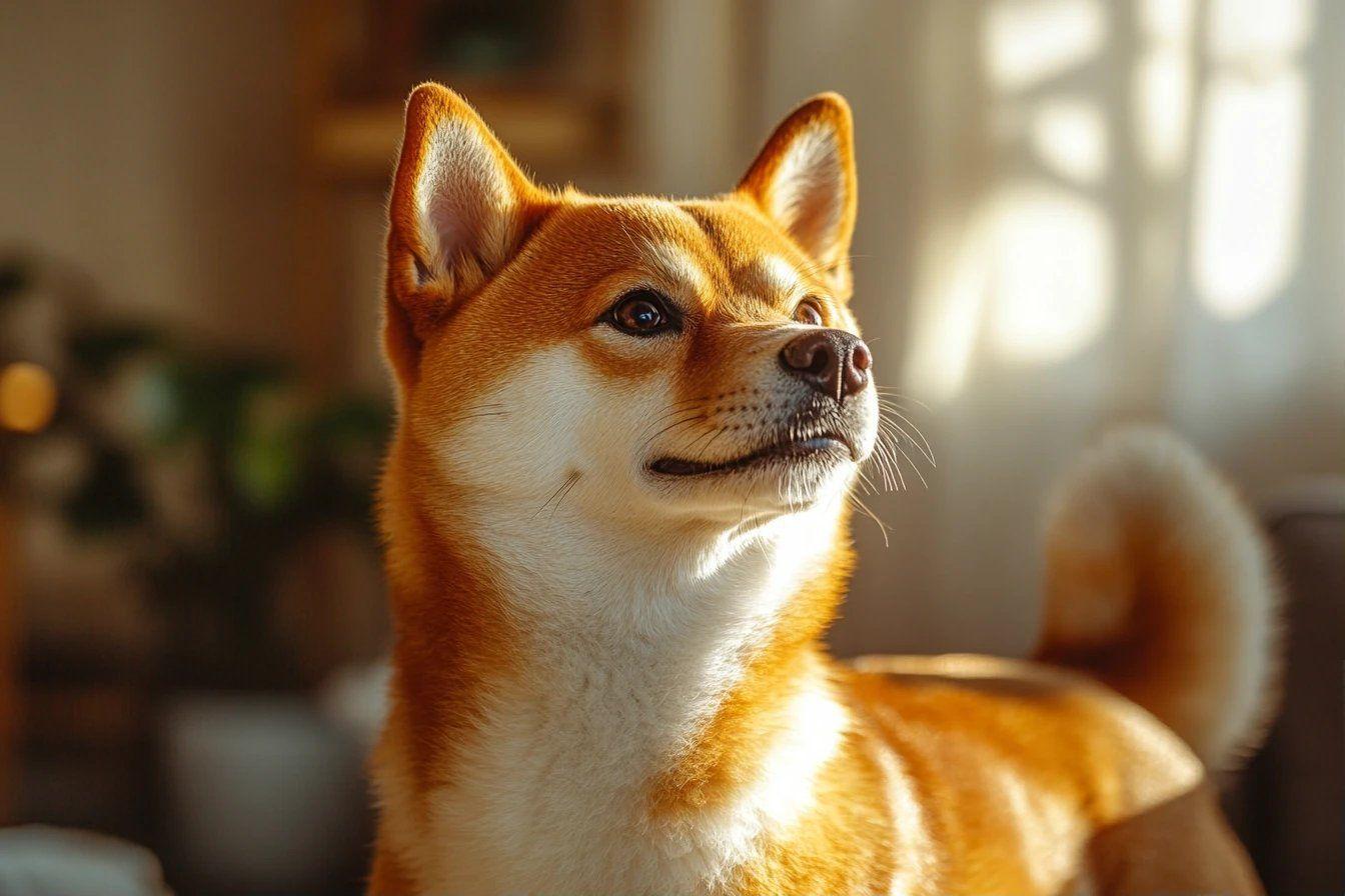 Chien Shiba Inu roux regardant au loin dans la lumière