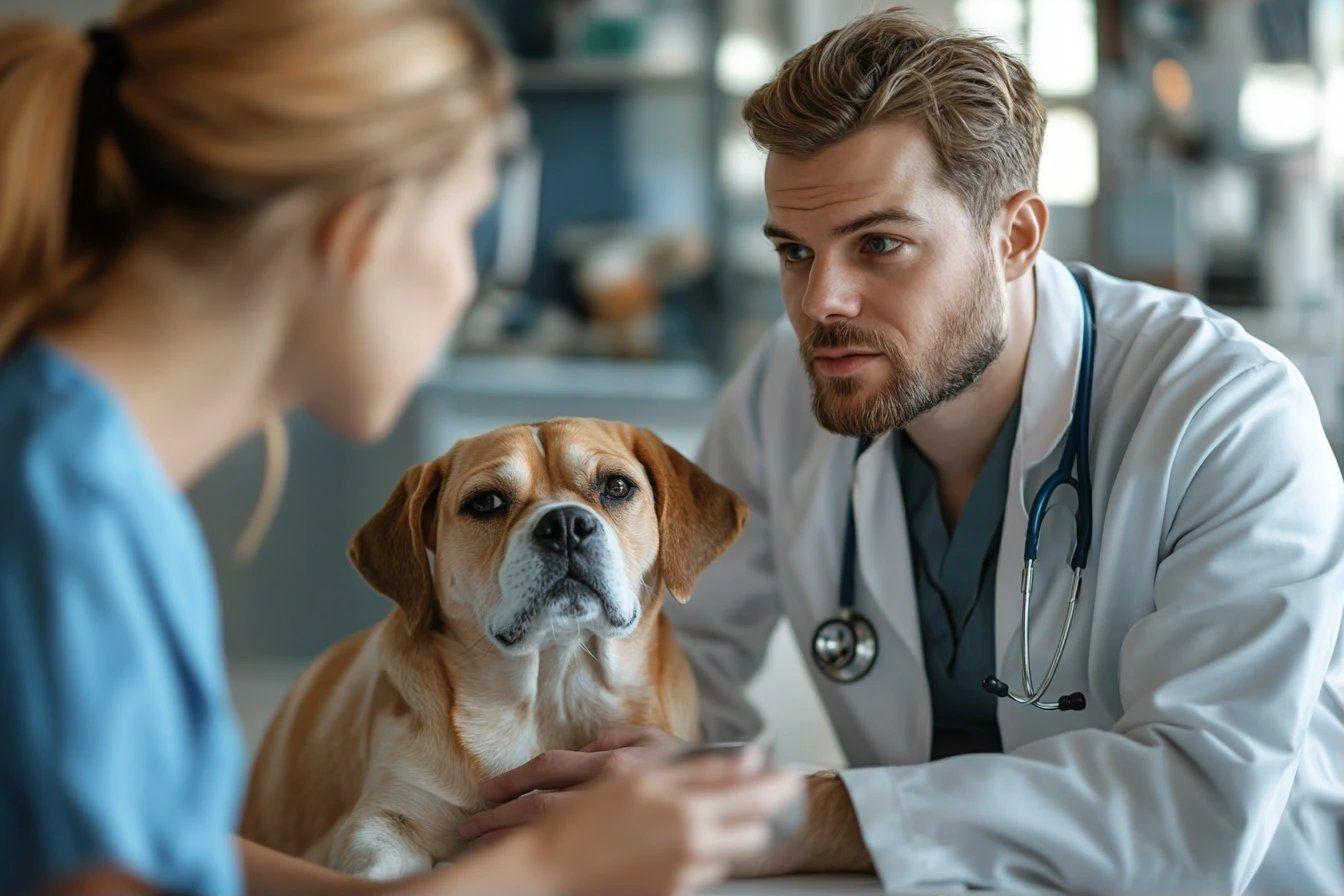 M&eacute;decin et chien lors d'un examen m&eacute;dical attentif