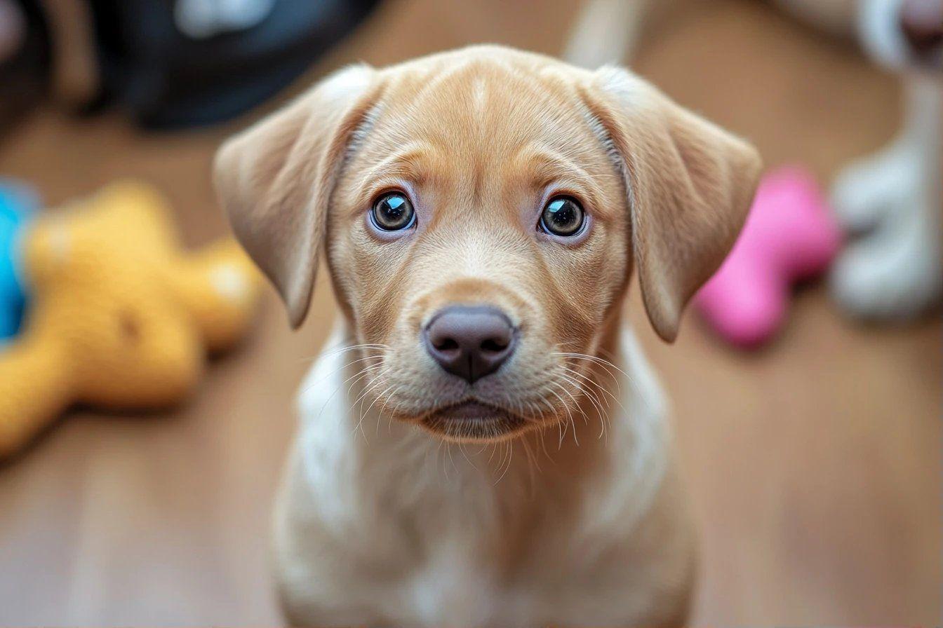 Jeune chien couleur cr&egrave;me regardant droit vers la cam&eacute;ra