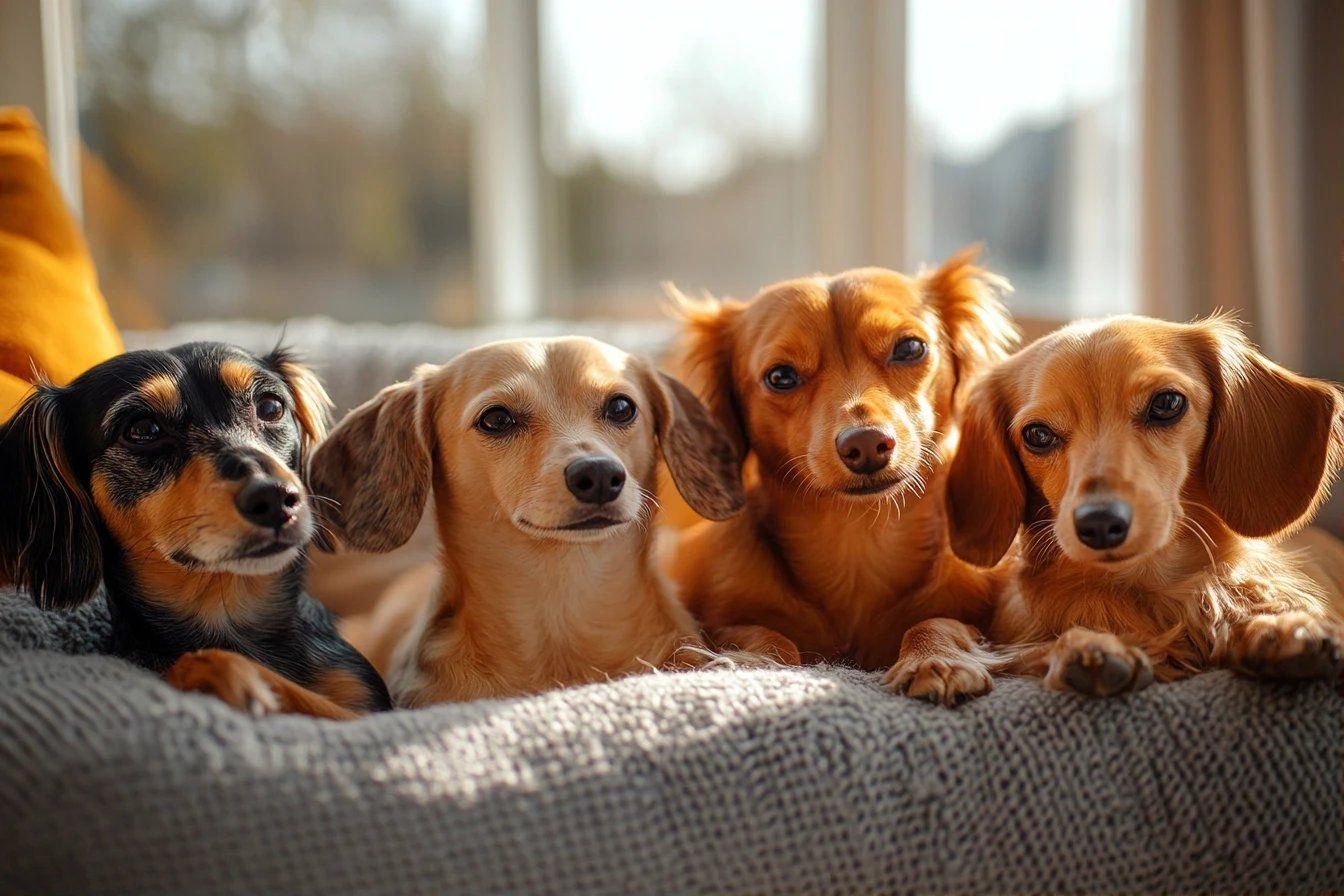 Quatre chiens de diff&eacute;rentes couleurs assis sur un canap&eacute; gris