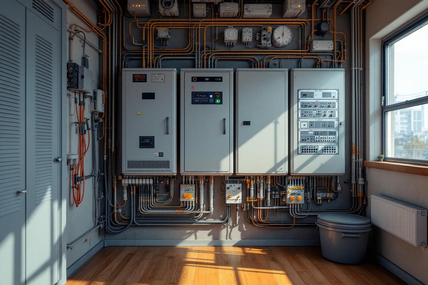 Tableau de contrôle avec câbles orange et boîtiers gris métalliques