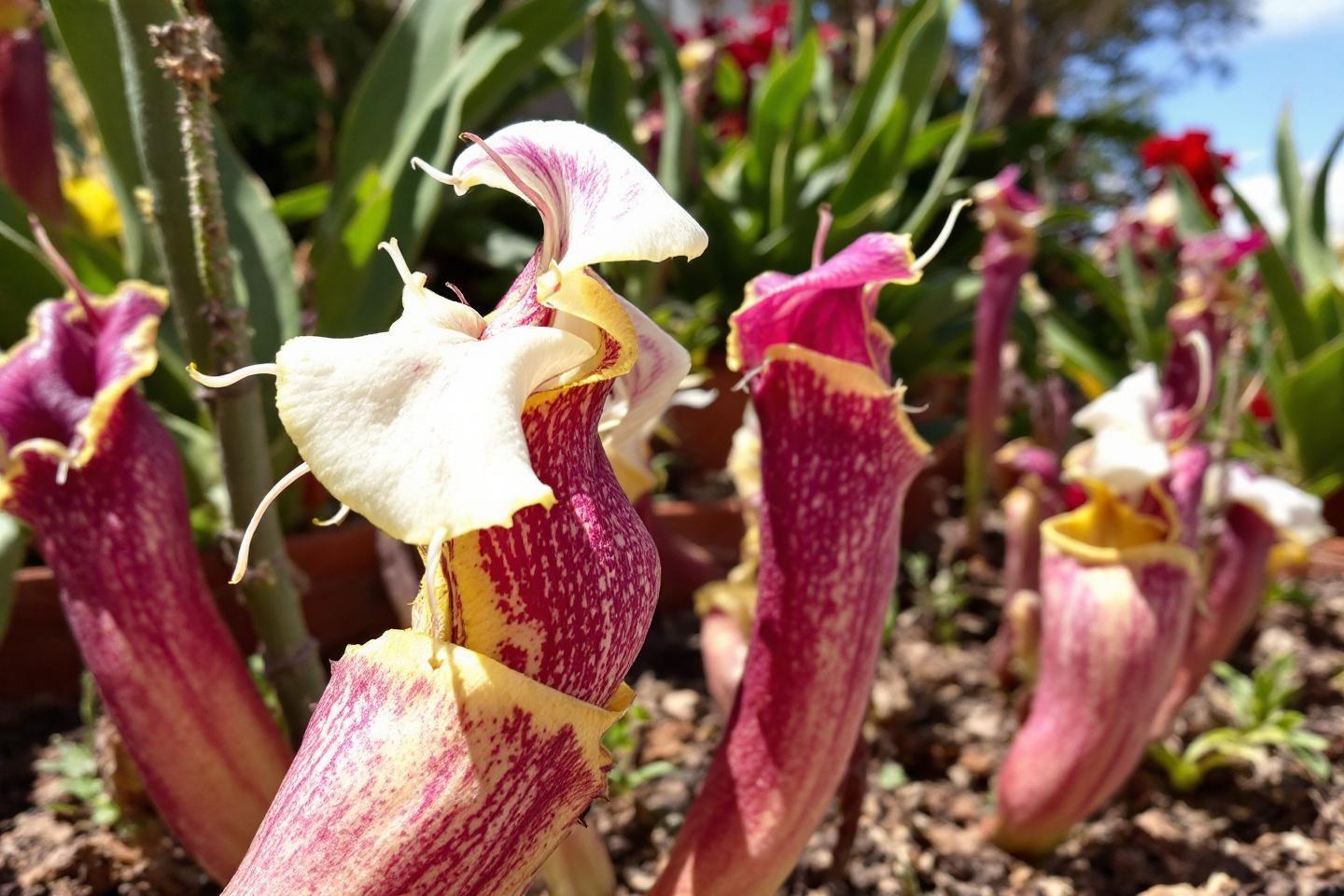 Gros plan sur des fleurs de népenthès roses et jaunes